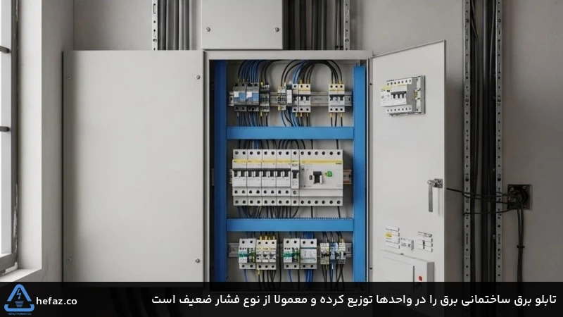 تابلو برق ساختمانی برق را در واحدها توزیع کرده و معمولا از نوع فشار ضعیف است تابلو برق ساختمانی برق را در واحدها توزیع کرده و معمولا از نوع فشار ضعیف است