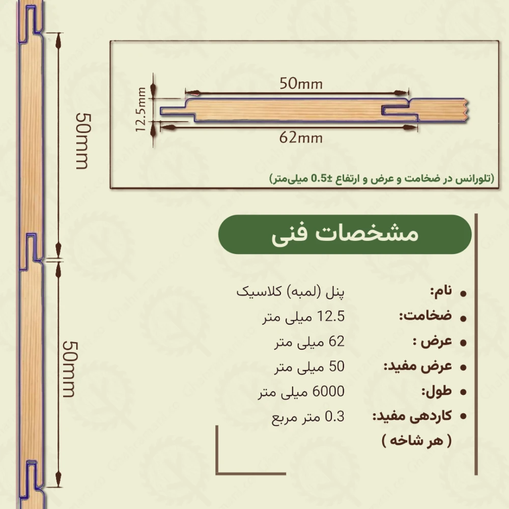 پنل کلاسیک نراد | ضخامت 12.5 mm – عرض 62 mm – طول 6000 mm