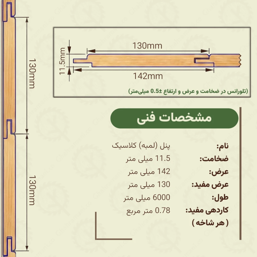 پنل کلاسیک نراد | ضخامت 11.5 mm – عرض 142 mm – طول 6000 mm