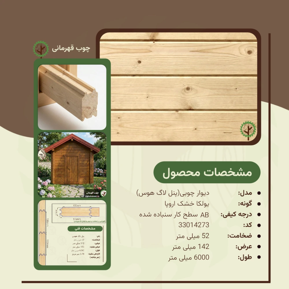 دیوار چوبی (Loghouse panel) 6000*142*52 میلی متر