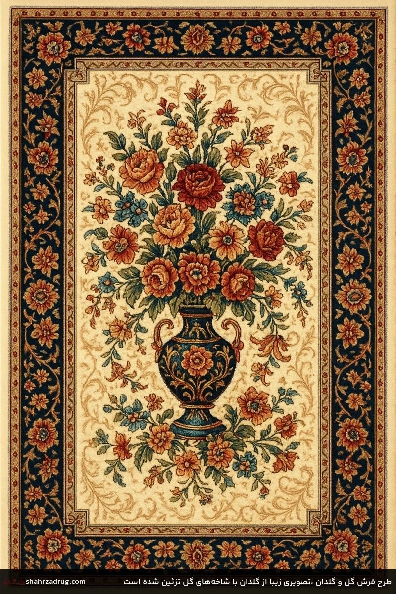 طرح فرش گل و گلدان ،تصویری زیبا از گلدان با شاخههای گل تزئین شده است طرح فرش گل و گلدان ،تصویری زیبا از گلدان با شاخههای گل تزئین شده است
