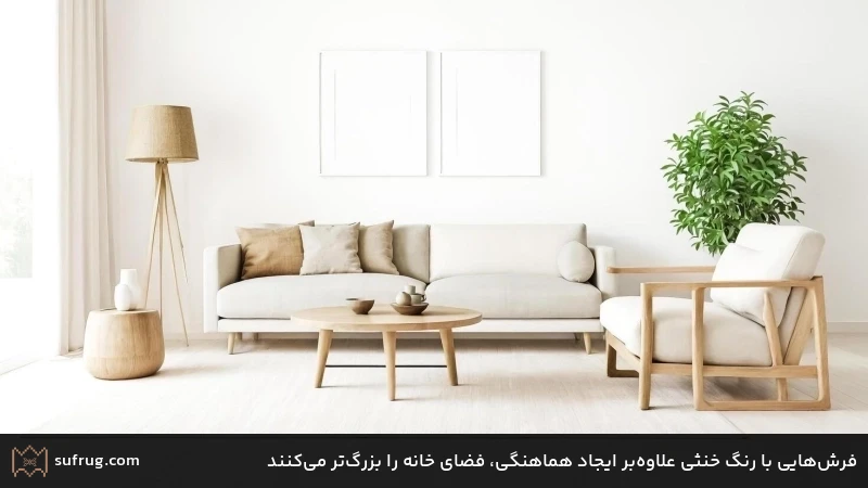 فرش‌هایی با رنگ خنثی علاوه‌بر ایجاد هماهنگی، فضای خانه را بزرگ‌تر می‌کنند