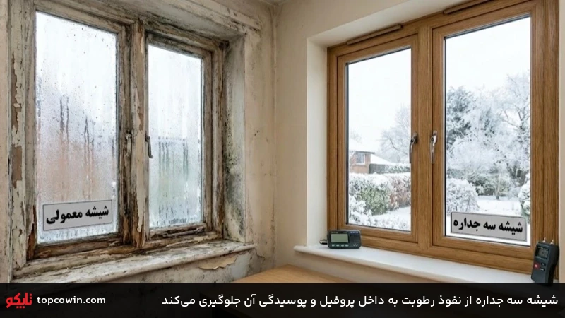 شیشه سه جداره از نفوذ رطوبت به داخل پروفیل و پوسیدگی آن جلوگیری می&zwnj;کند